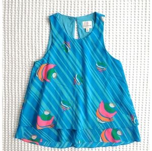 JULIE BROWN NYC fish print flowy tier swing blouse P